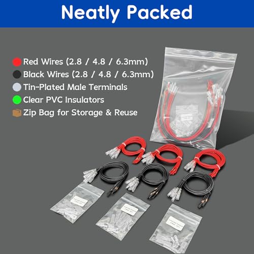 Speaker Wire Connector Kit 30PCS 18AWG Female Spade Terminal Wire Connectors Pre-Crimped 2.8/4.8/6.3mm, 30cm Red & Black, with 15PCS Extra Open-End Male Terminals—All with Insulating Sleeves - size: 2.8/4.8/6.3mm