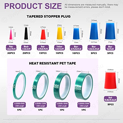 Swpeet 104Pcs 36 Yards 4 Sizes 1/4",1/2", 7/10", 1" Green Powder Coating Masking PET Tape with High Temp Silicone Rubber Protective Tapered Plug Assortment Kit for Painting, Powder Coating