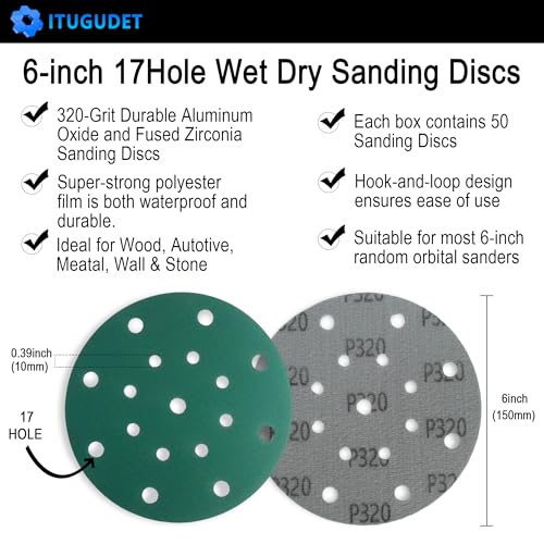 6 Inch 17 Hole 320 Grit Zirconia Alumina Hook & Loop Sanding Discs, Heavy-Duty Polyester Film Backing, Wet/Dry Anti-Clog for Random Orbital Sanders - Wood, Automotive, Metal - 50 Pack - color: 320 Grit, size: 6 Inch 17 Hole