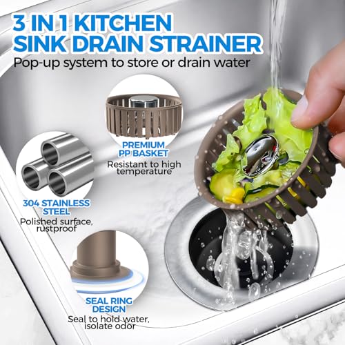 zaa 3 in 1 Kitchen Sink Drain Strainer Stopper Removable Basket Pop-Up - color: Brown