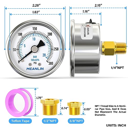 MEANLIN MEASURE 0~300Psi Dry Pressure Gauge Stainless Steel 1/4" NPT 2" FACE DIAL Waterproof for Air Compressor Air Regulator Water Filter Center Back Mount, with 1/2" NPT and 3/8" NPT Hex Bushing - size: 0-300Psi
