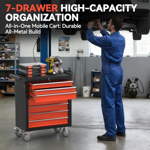 7-Drawer Rolling Tool Chest with Wheels, Metal Tool Storage Cabinet with Lock&Keys and Swivel, Toolbox with Drawers, Tool Box for Warehouse,Garage, Repair Shop, Workshop (Blackred, 7-Drawer) - color: Black-red, size: 7-Drawer