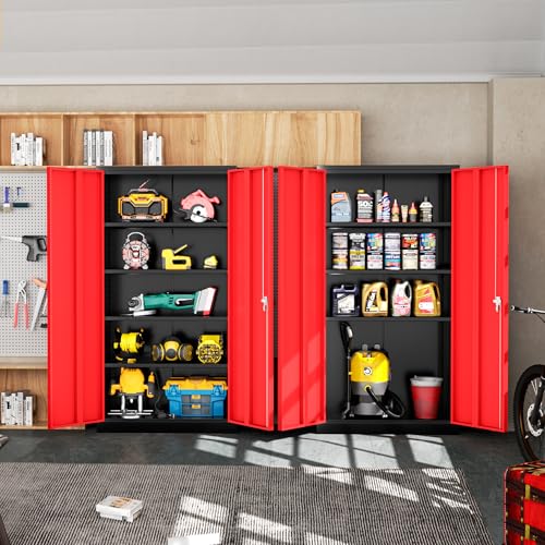Greenvelly 72" H Metal Garage Storage Cabinet with 2 Doors and 4 Adjustable Shelves, Black Red Metal Cabinet with Lock for Office,Home, Garage, Gym, School - color: Black Red, size: 18"D x 36"W x 72"H