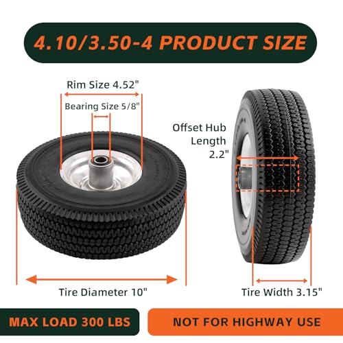 RRQ 4.10/3.50-4 Flat Free Tire, 10" Solid Wheels, 4.10-3.50-4 Tire, 2 Pack