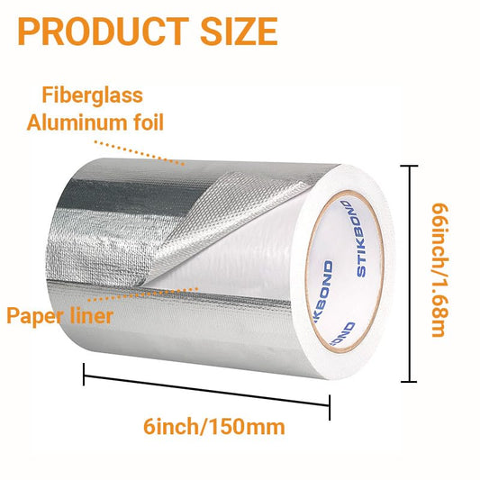 1Roll Self-Adhesive Aluminum Foil Heat Reflective Tape 6in x 66ft, Silver Heat ReflectiveTape, Fiberglass High Temp Thermal Insulation Reflective Material - size: 6inch