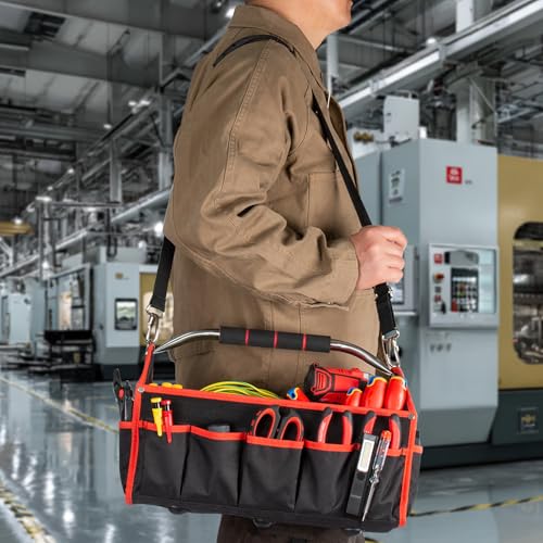 HAUTMEC 16" Foldable Tool Tote Bag, Open Top Tool Bag with Stiff Frame, 16-Pockets Electrician Tool Bag with Padded Steel Handle, Shoulder Strap & Water-Resistant Hard Base – TB0002 - size: 16-Inch, style: Foldable