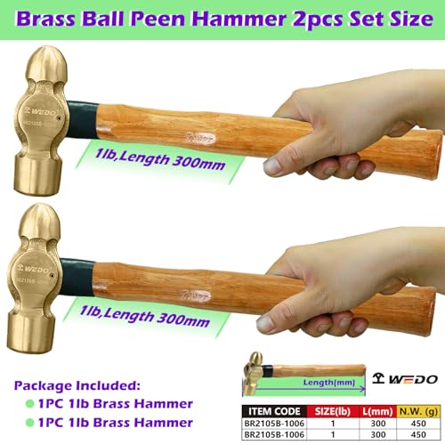 WEDO 2PCS Brass Ball Peen Hammer Set, 16 oz+16 oz(1lb+1lb), Brass Ball Pein Hammer Set with Wooden Handle, Die-Forged, Corrosion Resistant, DIN Standard - color: Wooden Handle, size: 2PCS (1lb+1lb)