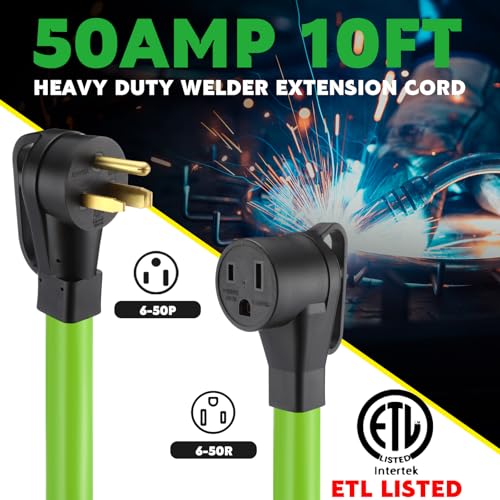 Kanayu 10FT 50Amp 6AWG NEMA 6-50P to 6-50R Welder Extension Cord 50Amp Power Extension for Welding Machines 50A 250Volt 3-Prong 6 Gauge Heavy Duty Welding Cable, ETL Listed - color: Green, size: 10 ft