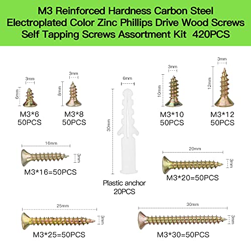 M3 Flat Head Small Screws Assortment Kit, 420pcs Short Self Tapping Screws - color: M3-Zinc, size: 420PCS