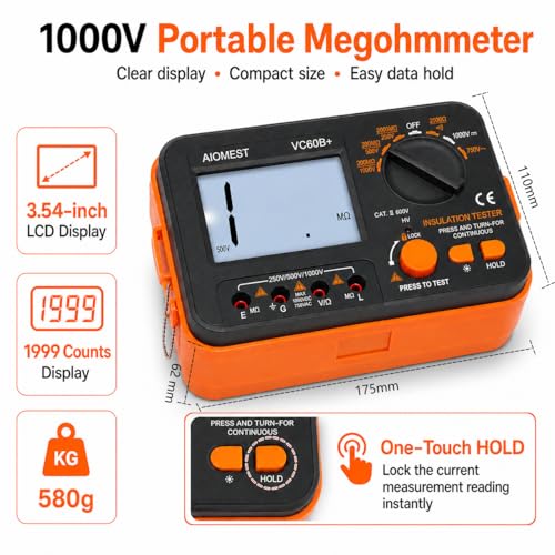 Megohmmeter 1000V Megaohm Meter, AIOMEST Insulation Resistance Tester VC60B - color: orange
