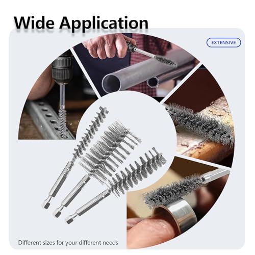 12Pcs Stainless Steel Bore Brush Set with 1/4" Hex Shank 8-30mm Wire Brush for Power Drill for Rust and Tube Cleaning