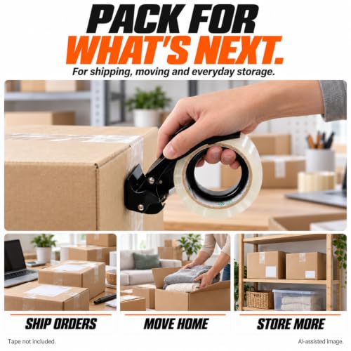 Metal Packing Tape Dispenser Gun, Metal Tape Gun Fits Packaging Tape with Dispenser up to 2 Inches, Adjustable Brake Tape Gun Handheld Sealing Cutter for Warehouse Tools Black