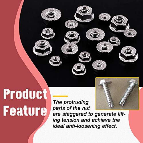 Hilitchi 100Pcs 304 Stainless Steel Serrated Flange SAE Hex Lock Nuts 1/4-20 5/16-18 3/8-16 10-24 8-32 6-32 Bright Finish Hex Flange Nuts Assortment Kit - size: 100Pcs SAE Hex Flange Nuts