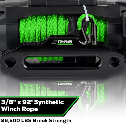 Synthetic Winch Rope with Hook, 3/8" x 92ft 26500LBS Winch Rope with Protective Sleeve, Forged Winch Hook and Safety Pull Strap for Off-Road 4x4 Vehicle, Truck(Green) - color: green, size: 3/8"x92ft
