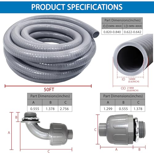 Liquid-Tight Conduit 50 ft 8 Pieces Connector Kit,Electrical Conduit 1/2 - size: 1/2IN,50FT
