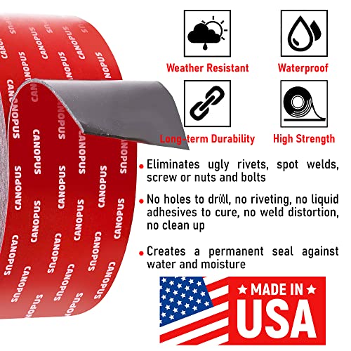 CANOPUS Double Sided Tape, 5952 Heavy Duty Mounting Tape, Strong Bond & Weatherproof Seal Strip for Automotive Mounting, Picture and Photo Frame, Poster, Craft, 2 in x 15 ft, Black, Made in USA - size: 2in x 15ft