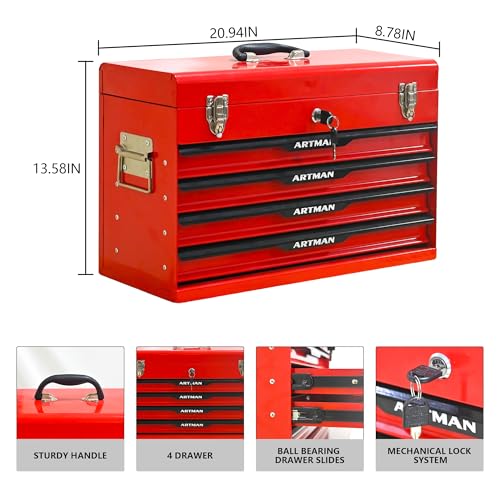 21-Inch 4-Drawer Heavy Duty Metal Tool Box, Portable Steel Chest With Eva Liners, Ball Bearing Slides, Locking Lid, 200lbs For Garage, Workshop, Home & Auto Mechanics (4, Red+Black(ARTMAN)) - color: Red+Black(ARTMAN)