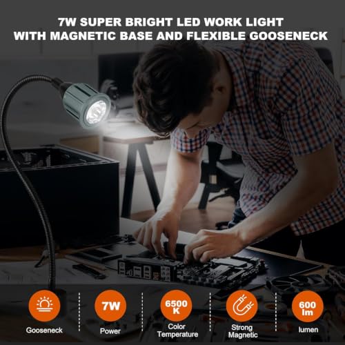 Magnetic Work Light,Magnetic Light for Mechanics 7W, Magnetic LED Lights for Workshop, Shop, Lathe, Bandsaw, Bench Grinder, Sewing Machine, Drill Press