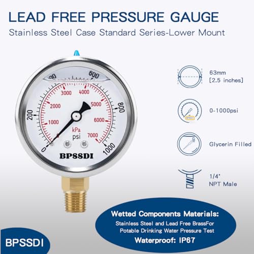 0-1000 Psi Glycerin Liquid Filled Hydraulic Pressure Gauge, 2.5" Dial Size, 1/4" NPT Lower Mount, 304 Stainless Steel Case, for Water Oil Air Gas Pressure Test - size: 0-1000 psi, style: Lower Mount