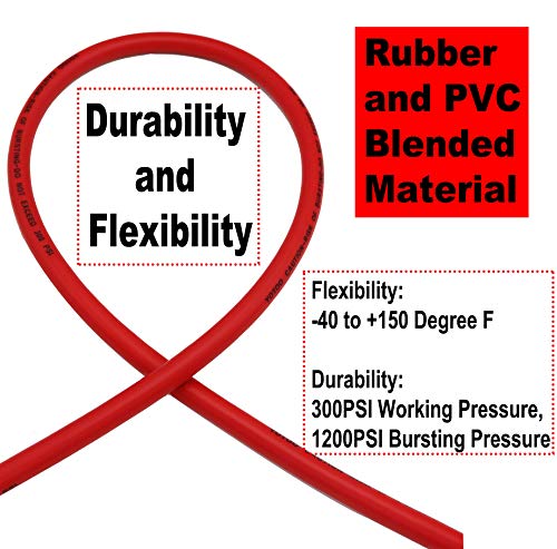YOTOO Hybrid Lead-in Air Hose 3/8-Inch by 3-Feet 300 PSI Heavy Duty, Lightweight, Kink Resistant, All-Weather Flexibility with Bend Restrictors, 1/4" Industrial Quick Coupler and Plug, Red - size: 10 Feet