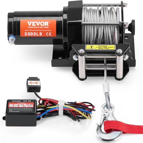 VEVOR ATV Winch, 3000 lb Electric Winch, 12V Small ATV UTV Winch with 3/16 in x 39 ft Steel Cable Roller Fairlead Wired Remote Control, IP55 Waterproof for Towing UTV ATV Car Vehicle Off-Road - size: 3000 LBS