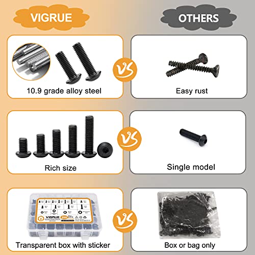 VIGRUE 288PCS M6 M8 Button Head Hex Socket Cap Screws Bolts Nuts Washer Assortment Kit, 10.9 Grade Alloy Steel Black Oxide, Fully Threaded - size: 288PCS M6 M8