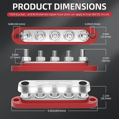 DaierTek Power Distribution Block with Cover Mini 5 x 1/4" Studs Bus Bar Terminal Block Max 150A 48V DC 300V AC Positive & Negative for Automotive Car Marine - size: 5M6+0S