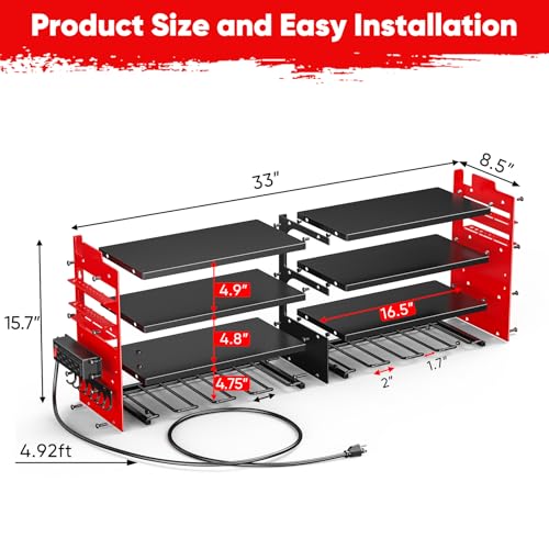 POKIPO Large Power Tool Organizer Wall Mount with Charging Station,4 Layer Heavy Duty Metal Tool Storage Shelf Loads 600lbs,Battery Utility Rack With 4 Outlet Power Strip with 8 Cordless Drill Holder - color: Red, size: Large