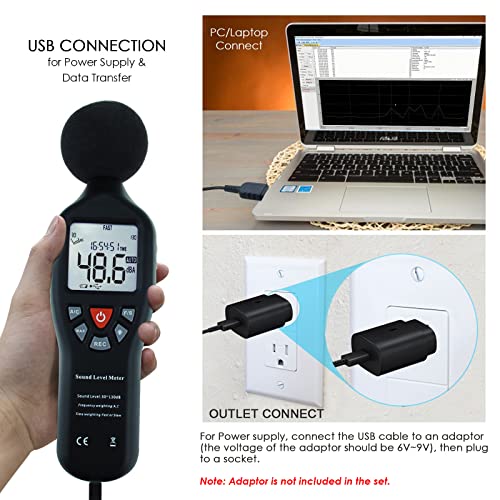 Decibel Meter Sound Level Meter with Data Logging, High Accuracy dB SPL Meter with LCD Backlight, Real-time Display, 30-130 dB Range, Connect Software in PC