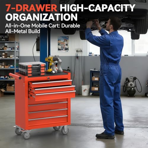7-Drawer Rolling Tool Chest with Wheels, Metal Tool Storage Cabinet with Lock&Keys and Swivel, Toolbox with drawers, Tool Box for Warehouse,Garage, Repair Shop, Workshop (Red, 7-Drawer) - color: Red, size: 7-Drawer