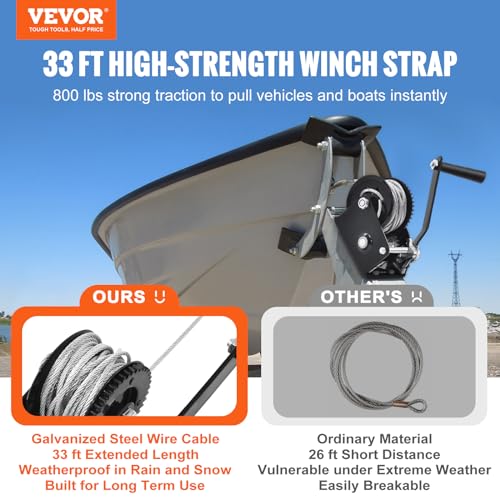 VEVOR Hand Winch, 800 lbs Pulling Capacity Heavy Duty Rope Crank with 33 ft Steel Wire Cable and Two-Way Ratchet, Manual Operated for Trailer, Boat or ATV Towing