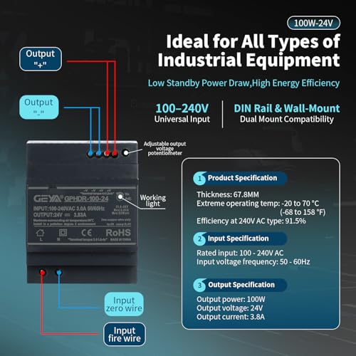 Ultra Slim Step-Shape 4SU DIN Rail Power Supply, 24V 3.83A 92W GPHDR-100-24 for Industrial Automation, Communication Base Stations, Data Centers and Medical Equipment - size: 92W-24VDC-3.83A