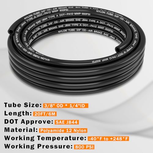 CheeMuii 20FT 3/8" DOT Air Line 3/8 Air Hose PA12 Nylon Pneumatic Tubing - color: Black, size: 3/8"OD-20FT