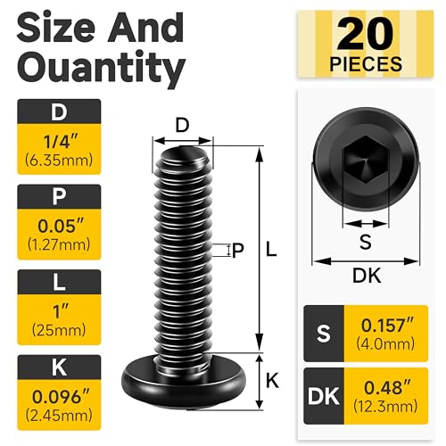 20Pcs 1/4 Bolts, 1/4-20 x 1 Flat Head Hex Socket Head Cap Screw Bolts, 1/4 Screws 304 Stainless Steel Furniture Screws Full Thread, Black Oxide & Hex Spanner by Mywish - size: 1/4-20 x 1"