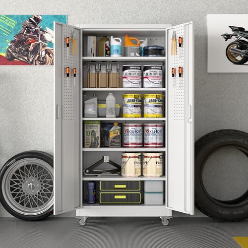Aobabo 71" White Metal Storage Cabinet with Wheels and Pegboard - color: White, size: 16"D x 32"W x 71"H