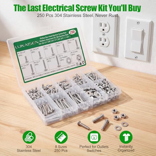 250 Pcs #6-32 Pan Head Machine Screws Nut Washer Bolt Kit,304 SS - size: SS 250Pcs #6-32(1/4" to 1-1/4" ) Pan