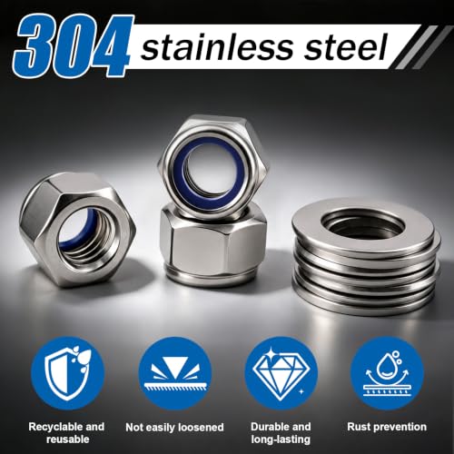 M10-1.5 Lock Nut 80Pcs Stainless Steel Nylock Locking Nuts with Washer - size: locknuts-M10 80pcs