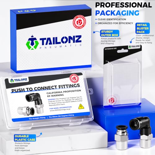 TAILONZ 3/8" x 1/8" NPT Push to Connect Straight & Elbow Fitting Kit 12Pcs - size: 3/8"OD x 1/8"NPT