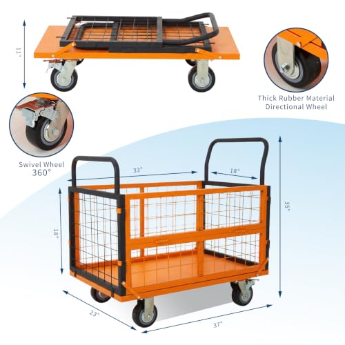 IDEALHOUSE Foldable Platform Truck Cart w/Removable Cage, 2000 Lbs, Orange - color: Orange