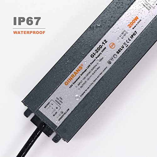 200W IP67 Waterproof Constant Voltage LED Driver Power Supply Transformer, 100-130V AC Universal Input with Plug, Output 12V DC 16.67A Max. for Outdoor LED Lighting - style: 12V200W
