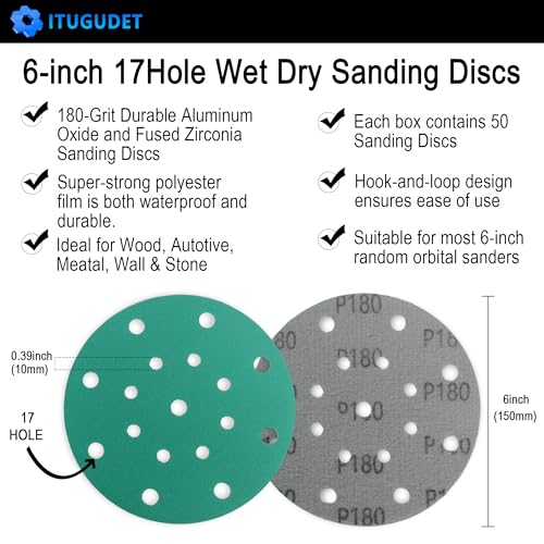 6 Inch 17 Hole 180 Grit Zirconia Alumina Hook & Loop Sanding Discs, Heavy-Duty Polyester Film Backing, Wet/Dry Anti-Clog for Random Orbital Sanders - Wood, Automotive, Metal - 50 Pack - color: 180 Grit, size: 6 Inch 17 Hole