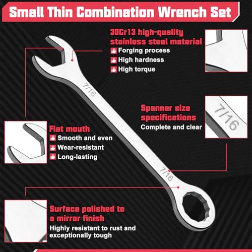 10PCS Super-Thin Mini Wrench Set Standard SAE 5/32"-7/16" Ultra-Slim Ignition Wrenches Open End and Box End Combination Wrench Set for Tight Spaces, Circle Ring, Gate Clip in Pouch - size: Ultra-Thin SAE