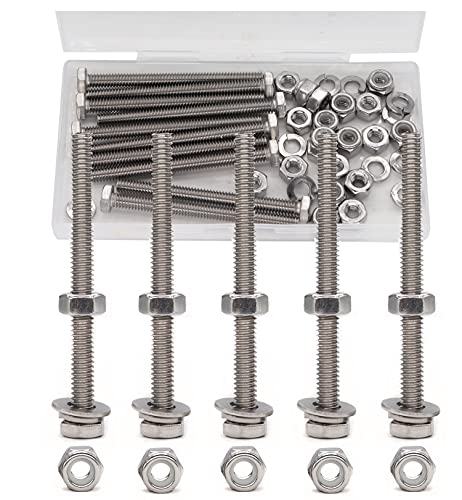 1/4-20 x 5-1/2" Hex Bolts Washers Nuts Set, 30 Pieces, 304 Stainless Steel, Plain Finish, 1/4"-20 Hex Nuts, 1/4"-20 Nylon Inserted Nuts, 1/4" Spring Washer, 1/4" Flat Washers - size: 1/4-20" x 5-1/2" (6 Pack)