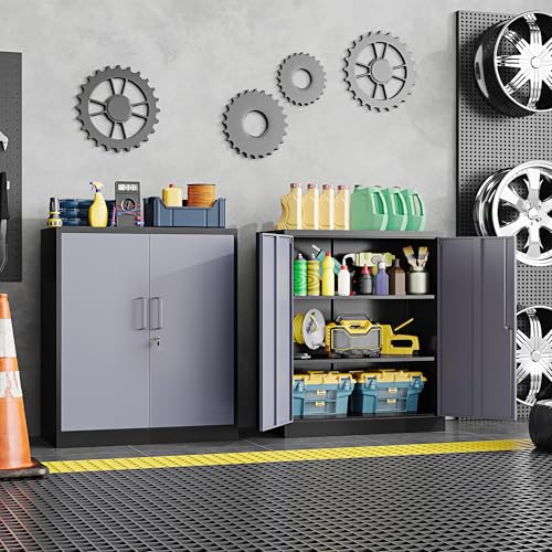 36" H Metal Storage Cabinet, Black Metal Cabinet with 2 Lockable Doors and 2 Adjustable Shelves, Garage Storage Cabinet for Home Office, Garage, School, Apartment, Warehouse - color: Black Grey, size: 35.4"H x 31.5"W x 15.7"D - B
