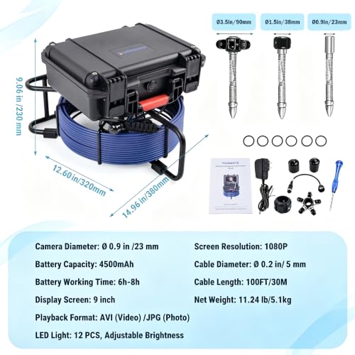 Holdwells Sewer Camera, 9" Pipeline Inspection Camera, 100ft/30m - size: 100FT/30M, style: 9" Screen
