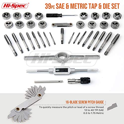 Hi-Spec 39 Piece SAE & Metric Tap & Die Set. Complete M3 to M12 / #4 to 1/2in Fine & Coarse Tools to Cut, Chase and Thread with Screw Pitch Gauge in a Tray Case - size: 39 Piece SAE & Metric