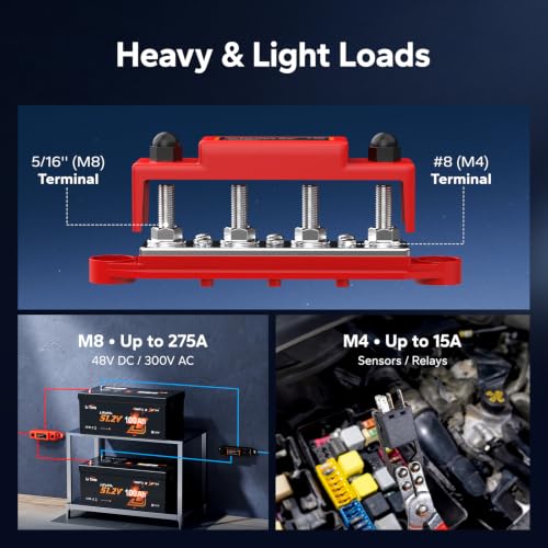 LiTime 275A Power Distribution Block, 4×5/16''(M8) Studs, 6× #8(M4) Screws
