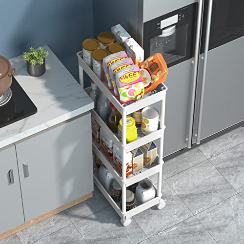 Sooyee 4 Tier Wide Storage Cart Mobile Shelving Unit Organizer Slide Out Storage Rolling Utility Cart Tower Rack for Kitchen Bathroom Laundry, Plastic & Stainless Steel,White - color: White, size: Wide 4 Tier
