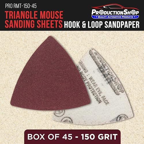 ProductionShop Premium 150 Grit Triangle Mouse Detail Sander Sandpaper Sheets, Box of 45 - Hook & Loop, Triangular Shaped Mouse Disc Pads - Oscillating Multi-Tools - Woodworking, Sand Furniture Paint - style: 150 Grit