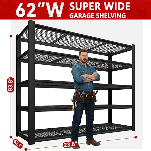 Extra Large 84" Hx 62.12" Widex 24" D Adjustable Industrial Metal/Steel 6-Shelf-Storage-Rack Heave Duty Utility Tall Garage/Warehouse Shelving Shelves Unit/System for Bin/Shed, Black - size: Grid-5T-83.8"H×62"W×23.6"D